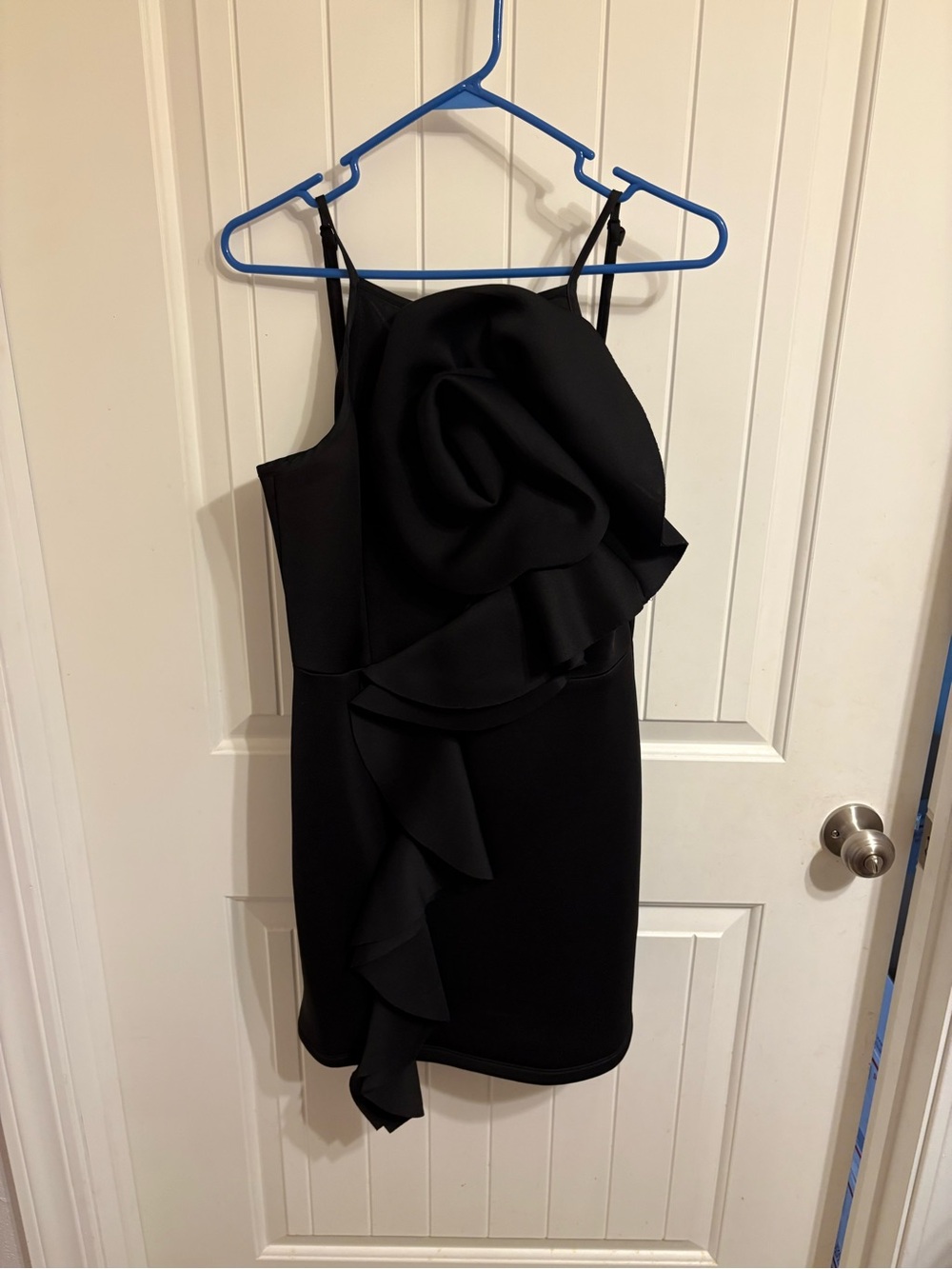 Violet Weekend Juniors' Halter Neck Rosette Scuba Sheath Dress in black.